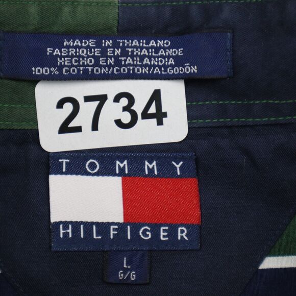 Tommy Hilfiger Shirt Mens Large Blue Green Striped Logo Button Up Casual - Picture 2 of 15